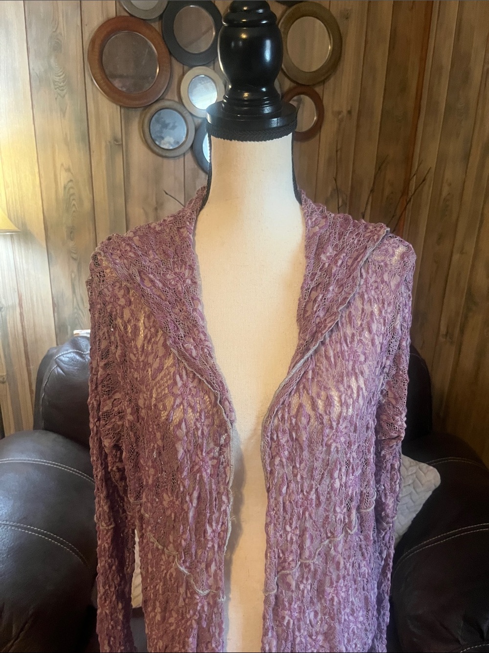 Women’s Open-Front Mauve/Lavender Pucker Lace Hooded Cardigan Boho Chic Longline - Picture 3 of 9